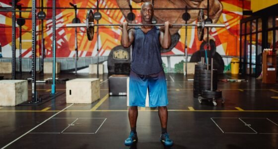 Muscular man lifting barbell in a colorful gym, exuding strength and fitness.