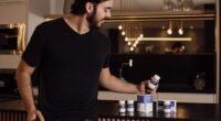 A man examines supplement bottles on a modern kitchen counter, reflecting a healthy lifestyle.